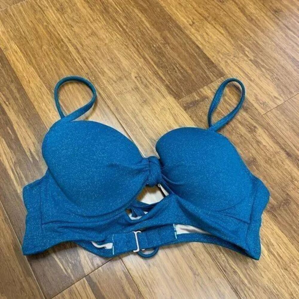Shade & Shore Womens 32B Bikini Top Teal Shimmer Underwire‎ Padded Swim Bra Knot